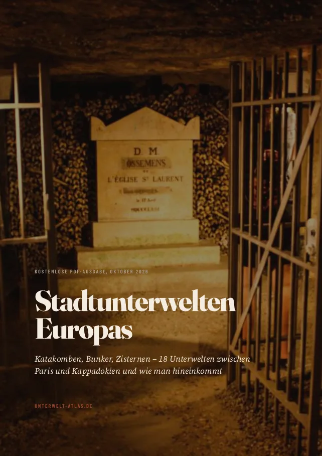 Titelseite des kostenlosen PDF-Reiseführers Stadtunterwelten Europas mit dem Beinhaus der Pariser Katakomben