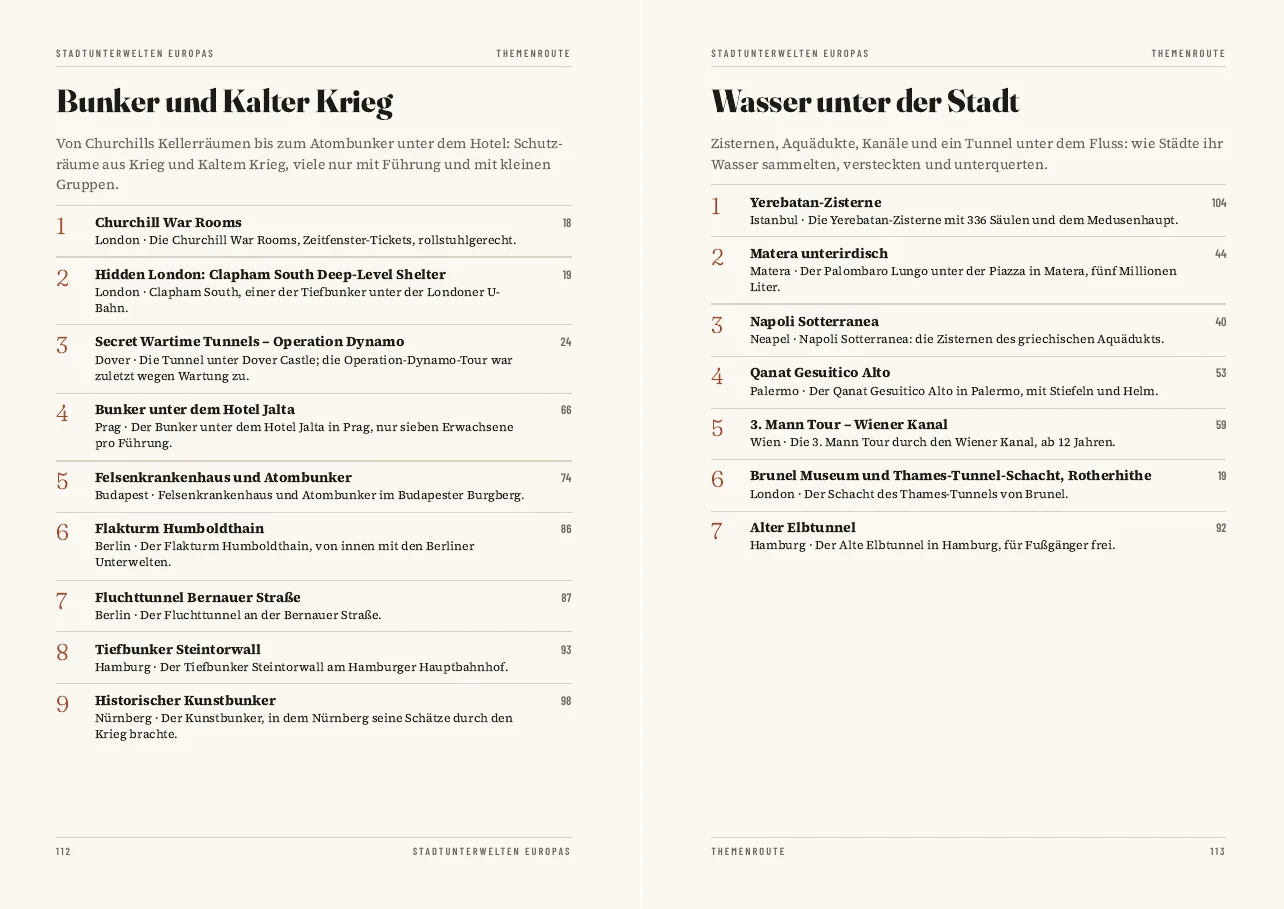 Themenrouten Bunker und Kalter Krieg sowie Wasser unter der Stadt im PDF Stadtunterwelten Europas