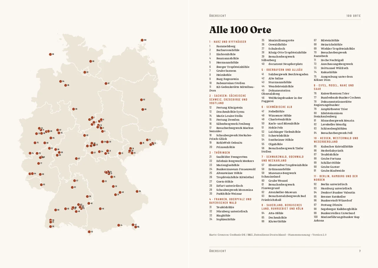 Deutschlandkarte mit allen 100 Höhlen, Bergwerken und Bunkern im PDF Unterwelt Deutschland